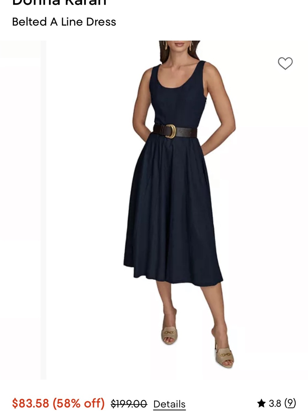 Donna Karan linen Navy Sleeveless Midi Dress with Belt